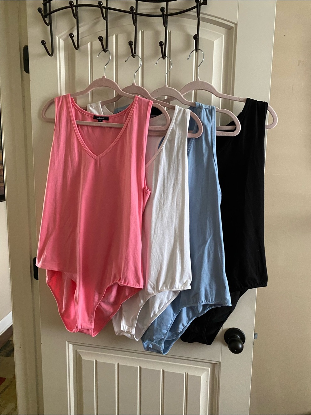 Get 4 V-Neck Tank Bodysuit Set in Pink, White & Light Blue